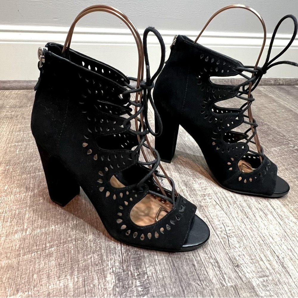 Womens Black Suede Lace up Block Heels Size 7.5 14th & Union Cecily-Lea